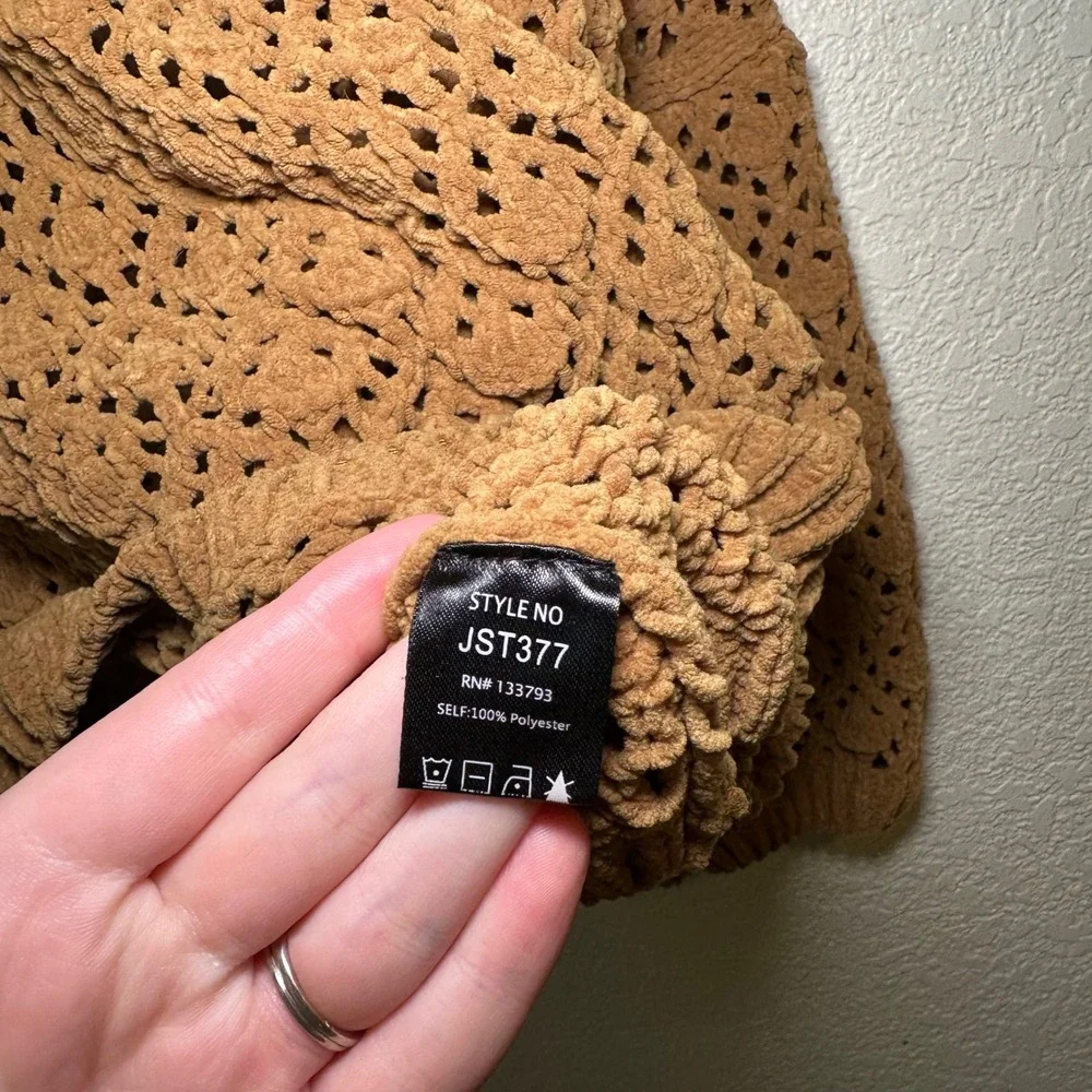POL Womens Large Open Knit Sweater‎ Crochet Brown Boho Festival Chunky Oversized